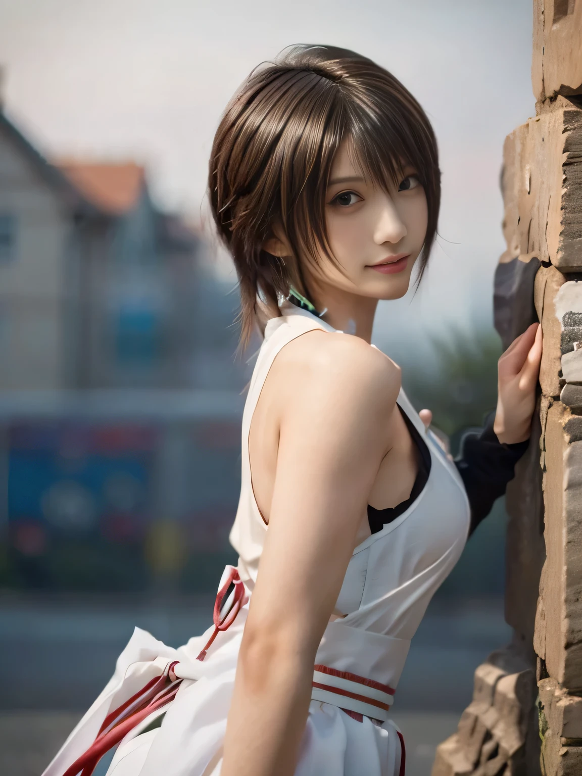 20 year old Japanese beauty,One woman、Muscular body like a bodybuilder、Emphasize the breasts、Slit eyes、A head-to-toe view,Bust is very very large、The background is a medieval European kitchen、High quality photos、Clear, crisp images of the lower body、Masterpiece 8k、Smiling、Holding an apple in the mouth、From the front, from the side, from the back, etc.々from what camera angle to shoot、FF10 Yuna's outfit、