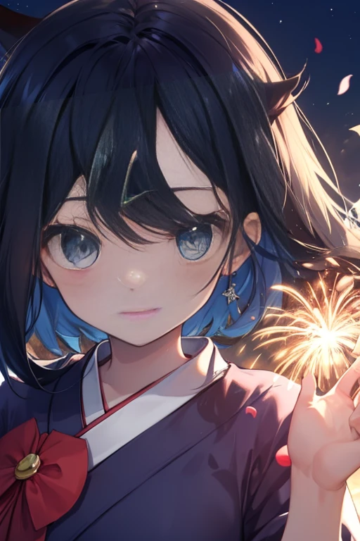 (masterpiece, Highest quality, 8K ultra-high resolution:1.4), Pokemon Riko, (A colorful navy blue yukata, night: 1.4), (Summer festival), turn around, Beautiful Eyes,Flash photography, Backlight,  ((Close-up of face:1.4)), (The best smile of my lover:1.4), Smile brightly, Open your mouth, Show the yakisoba to the camera, Written boundary depth, Dramatic portrayal, (Colorful fireworks background), Focus of the film, , Emotional composition, Emotional engine full throttle BREAK Young and cute, Slender body, Flat Chest, Highly detailed glossy skin,Sweat,  完璧なPokemon Riko
, Wind, detailed in the Wind, petals dancing in the Wind
BREAK
ultra detailed crystal eyes, Eyes like shining jewels