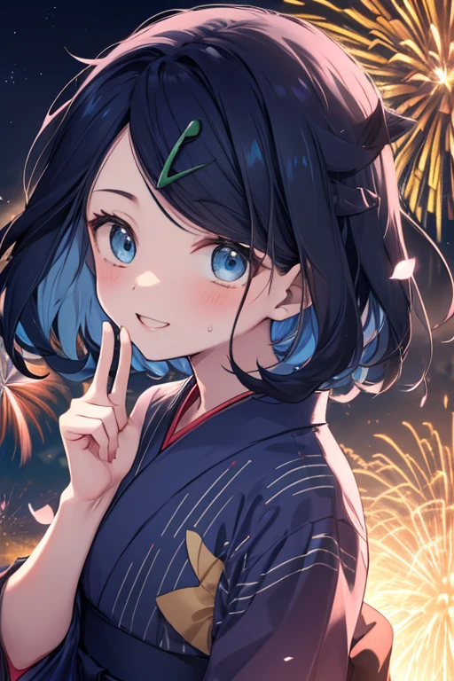 (masterpiece, Highest quality, 8K ultra-high resolution:1.4), Pokemon Riko, (A colorful navy blue yukata, night: 1.4), (Summer festival), turn around, Beautiful Eyes,Flash photography, Backlight,  ((Close-up of face:1.4)), (The best smile of my lover:1.4), Smile brightly, Open your mouth, Show the yakisoba to the camera, Written boundary depth, Dramatic portrayal, (Colorful fireworks background), Focus of the film, , Emotional composition, Emotional engine full throttle BREAK Young and cute, Slender body, Flat Chest, Highly detailed glossy skin,Sweat,  完璧なPokemon Riko
, Wind, detailed in the Wind, petals dancing in the Wind
BREAK
ultra detailed crystal eyes, Eyes like shining jewels