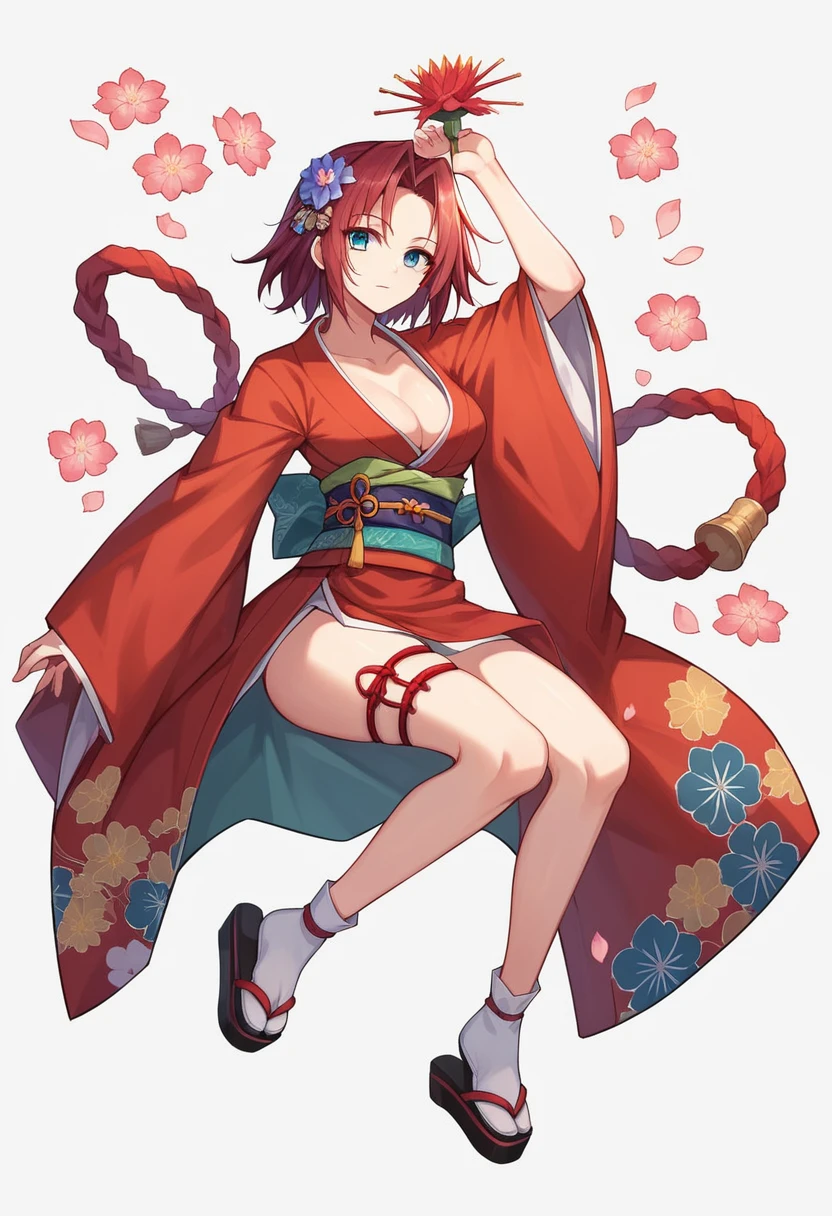 kallen stadtfeld, 1girl, solo, breasts, looking at viewer, short hair, blue eyes, simple background, hair ornament, white background, cleavage, medium breasts, full body, flower, red hair, japanese clothes, hair flower, wide sleeves, kimono, arm up, sash, petals, thigh strap, sandals, tabi, red kimono, platform footwear, okobo