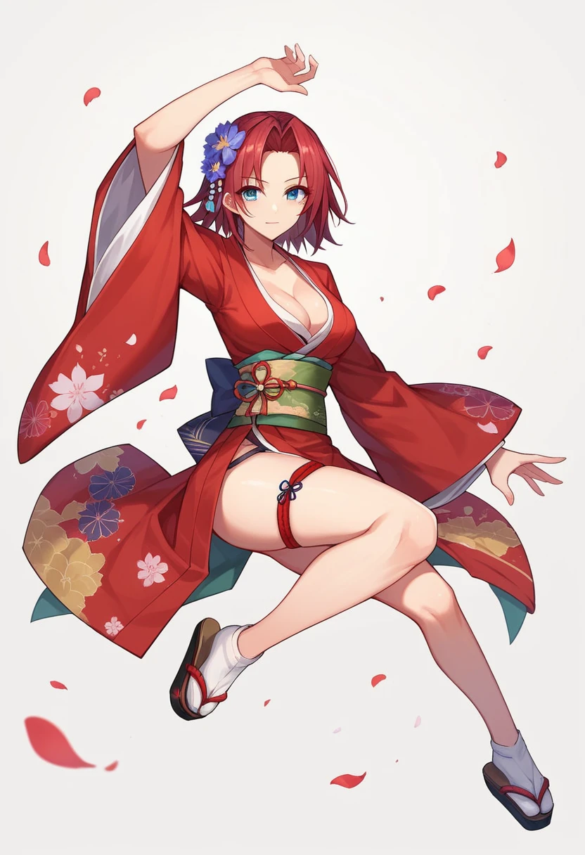 kallen stadtfeld, 1girl, solo, breasts, looking at viewer, short hair, blue eyes, simple background, hair ornament, white background, cleavage, medium breasts, full body, flower, red hair, japanese clothes, hair flower, wide sleeves, kimono, arm up, sash, petals, thigh strap, sandals, tabi, red kimono, platform footwear, okobo
