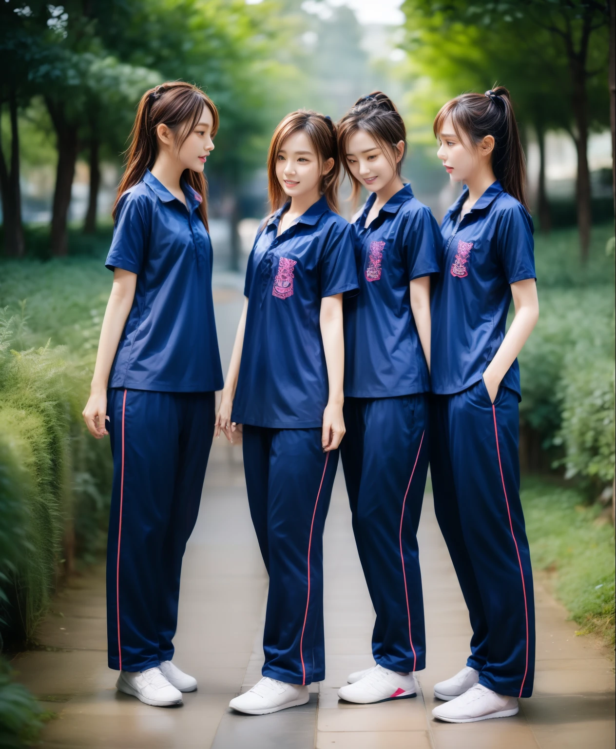 3 girls lie about in the garden , Navy blue short-sleeved shirt,Navy Long Trackpant,Sweatpants, Sweatpantsขายาว,25 year old girl, lesbian, sexy, exercise clothes, wet body, exercise clothes