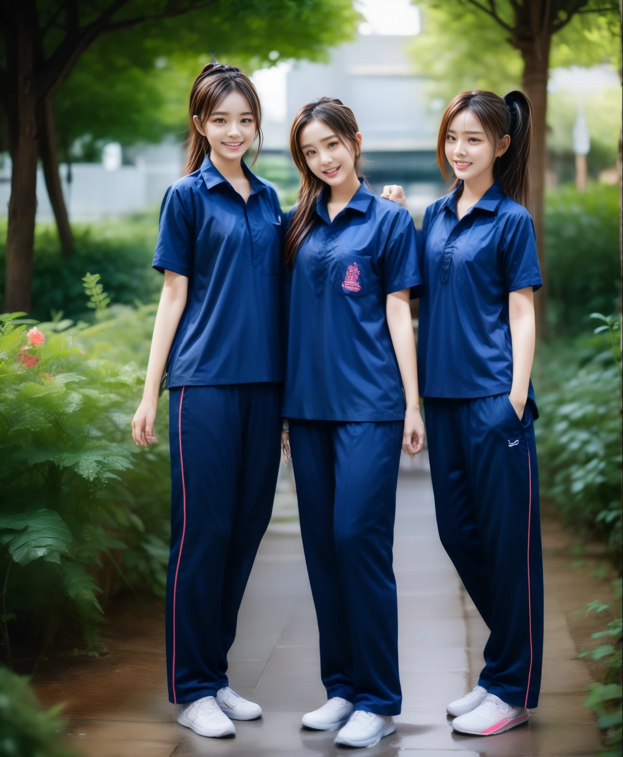 3 girls lie about in the garden , Navy blue short-sleeved shirt,Navy Long Trackpant,Sweatpants, Sweatpantsขายาว,25 year old girl, lesbian, sexy, exercise clothes, wet body, exercise clothes
