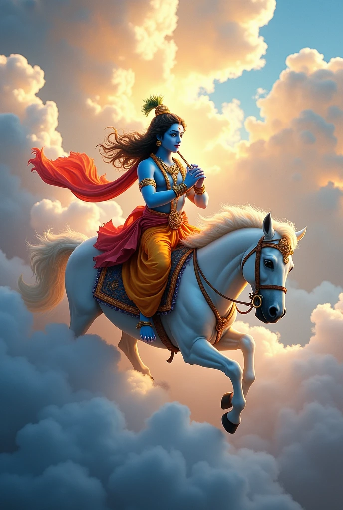 Lord Krishna riding a horse in the clouds