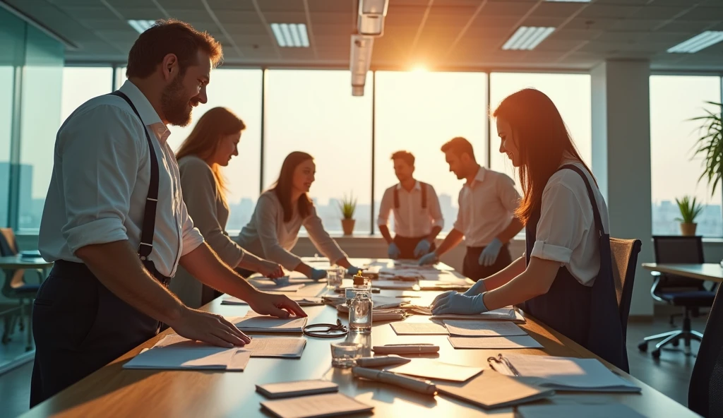 group of people do big cleaning Day in office , hyper realistic , Day light , Office wear.