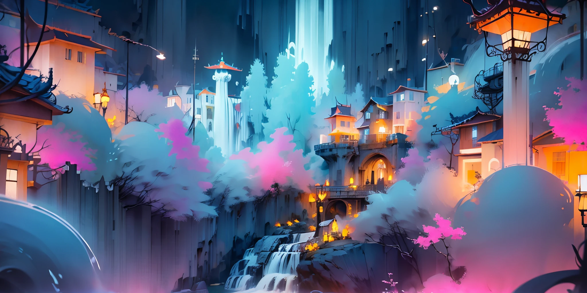 Dessinez un poster d'un village, dans le style lofi, décoration féérique, cascade de lumière, grotte, stalagmites, stalactites, champignon, cristaux, la nuit, belle palette de couleurs varié, couleurs saturées vibrantes, œuvre d'art, aucun humain, thème lumineux.