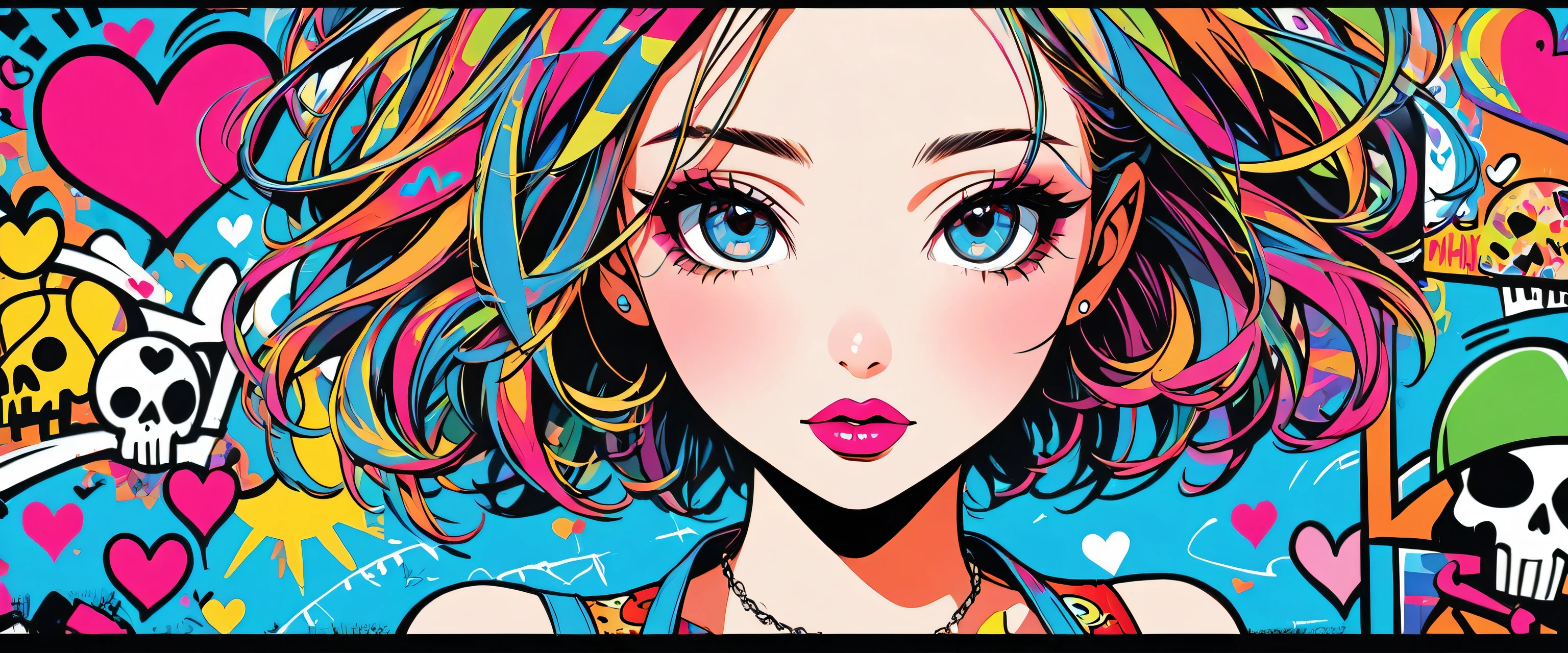 Ultra-realism Keith Haring colorful style, Simple Line Initialism,Abstract art,(((The most beautiful girl of all time))), Sweet face. Lips in love, colorful hearts, stylish design, Summer Skull fashion, Dark Eyes, Graffiti on the wal
