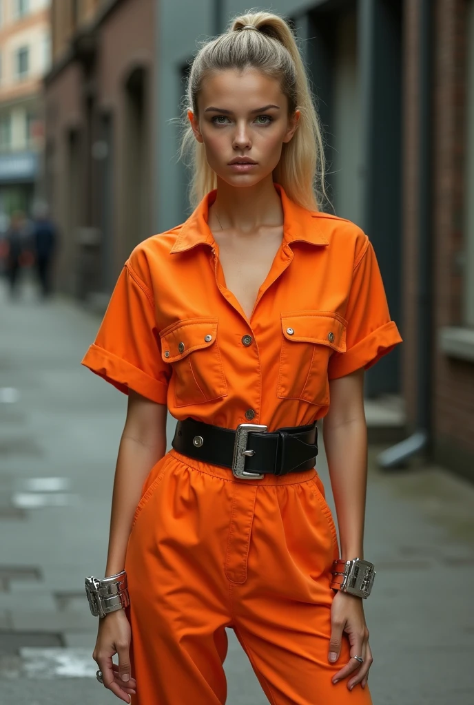 Frontal photograph of a beautiful young model with long a blonde medium length pulled back ponytail hair wearing a sexy synthetic orange prisoner jumpsuit, inmate jumpsuit, button-up, sexy view, handcuffed, hands cuffed to her back, wearing a tight black stylish belt, high black boots, short sleeves, sexy pose, very attractive look, skinny, anorexia, 19 years old, thin and athletic body, (thin girl 1:5), short sleeves, supermodel face and body, brown eyes, long pants, hands at back, elastane synthetic orange prisoner jumpsuit, jumpsuit made of elastic spandex, jumpsuit has 4 visible silver buttons, her belt is made of stylish leather, elastic jumpsuit, jumpsuit is not tight on body, perfect woman, slim, (large perfect round fake breasts:1.0), (perfect Hands), (blonde medium straight ponytail hair:1.2), (wasp waist:1.3), big heavy black stylish designer belt of leather, visible breast contours, light blonde hair, a lot of cringles and creases on the jumpsuit, light blonde hair, full body view, tops of her boots visible, sporty ponytail, short sleeves, sexy model pose, she is highlighting her but in her pose, no pockets, looking at viewer like she wants sex, 70's prisoner jumpsuit, 80's orange prison jumpsuit, 90's prisoner jumpsuit, Soviet orange prison jumpsuit, hands handcuffed, handcuffed, handcuffs on her wrists, hands at back, hands cuffed to her back, hands handcuffed to her back, full body view, knees visible, hands tied to her back, hands handcuffed to her back, hands cuffed to her back, sexy pants, pants looking sexy on her legs, sporty style ponytail, picture starting from her knees, jumpsuit made of elastic spandex, very sexy pose, pointing out her ass, belted, long pants