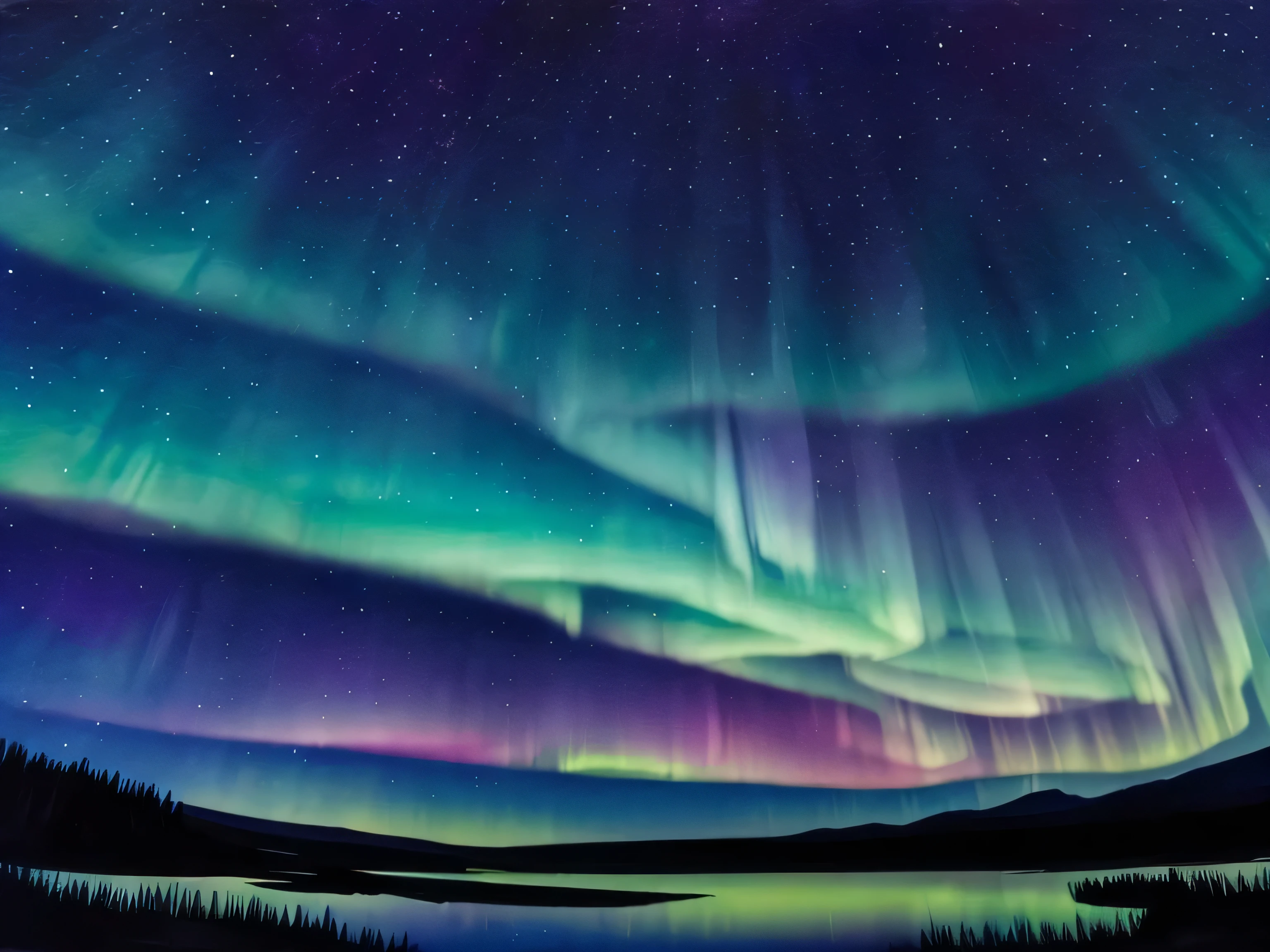 Aurora is appearing in the fantastical night sky. Watercolor