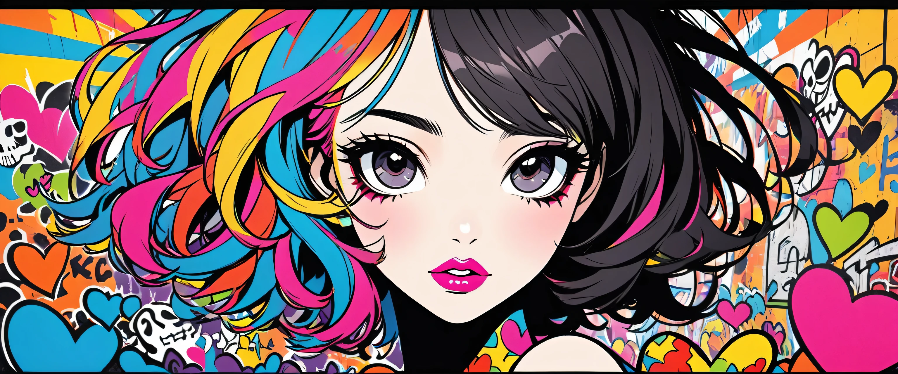 Ultra-realism Keith Haring colorful style, Simple Line Initialism，Abstract art，(((The most beautiful girl of all time))), Sweet face. Lips in love, colorful hearts, stylish design, Summer Skull fashion, Dark Eyes, Graffiti on the wal