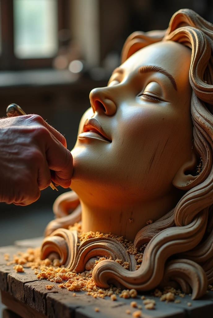 Close-up of the oldest hands, sculptant une grande sculpture en bois de chaîne d'un visage féminin sublime et heureux, copeaux de bois, sculpture, grande précision du geste, travail sublime et délicat, oeuvre d'art, masterpiece, 8K
