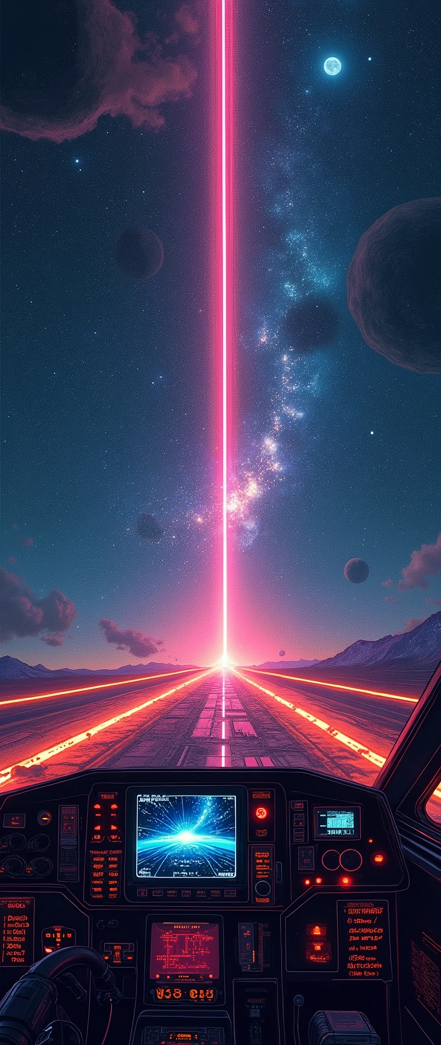 (masterpiece:1.2,Distinguished Quality,Mirror-like,Cinematic Experience),8k,wallpaper,View from the cockpit of a space fighter,(Departing from the cosmic mothership:2.0),(Guidance lights extend from the mother ship's runway into space:2.0),(The guide light is displayed as a dotted line of seven colored lights.:2.0),(Cockpit drawing:2.0),(dynamic:2.0),(Drawing of a runway and outer space:2.0)