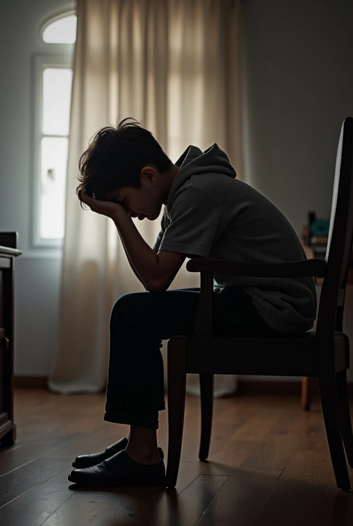 A boy think depressed and sit down his chair .  His father support him.