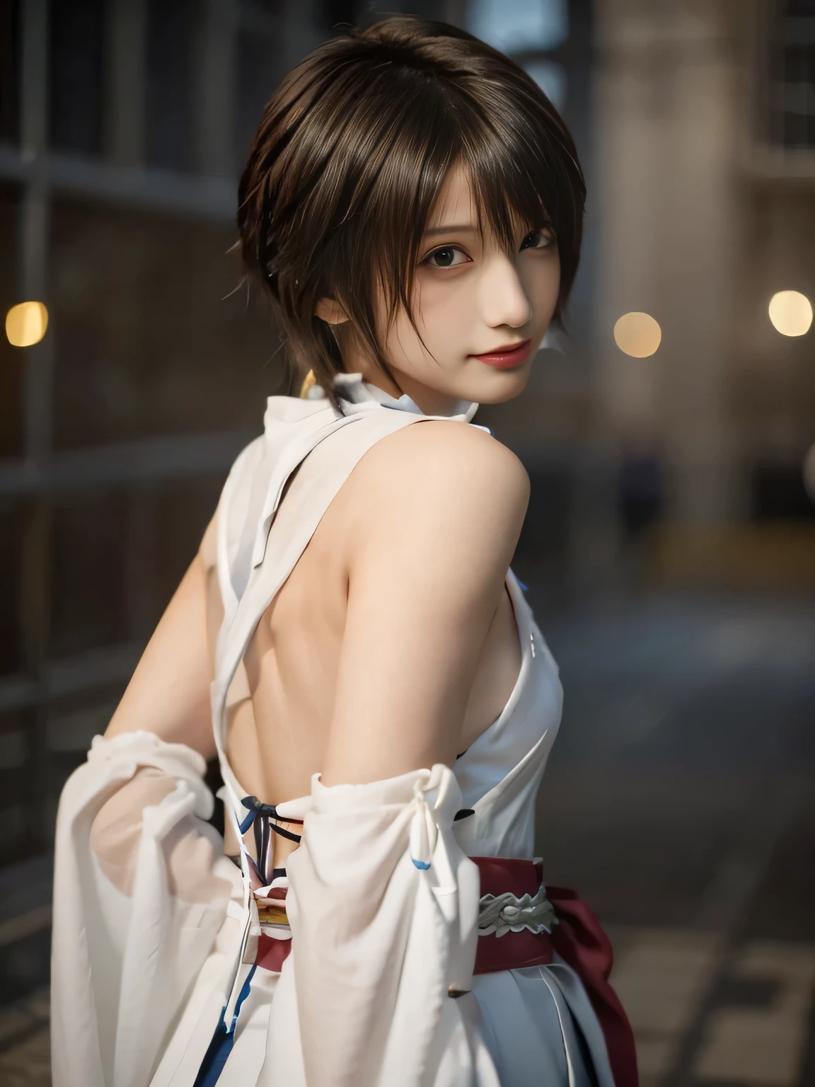 20 year old Japanese beauty,One woman、Muscular body like a bodybuilder、Emphasize the breasts、Slit eyes、A head-to-toe view,Bust is very very large、The background is a medieval European kitchen、High quality photos、Clear, crisp images of the lower body、Masterpiece 8k、Smiling、Biting into an apple、From the front, from the side, from the back, etc.々from what camera angle to shoot、FF10 Yuna's outfit、