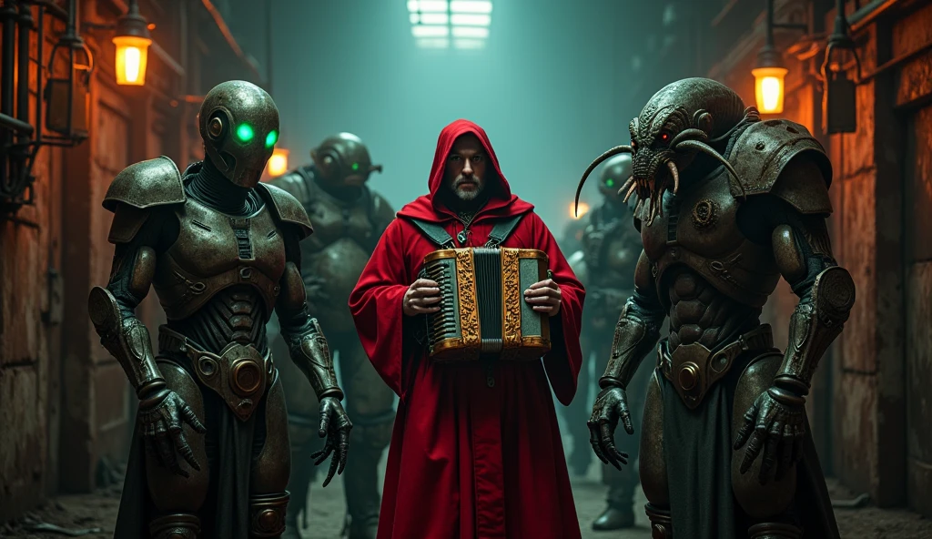 A tech-priest in red robes playing a accordion, surrounded by a Necron and a Tyranid, dark industrial background. Adeptus Mechanicus is dressed in his iconic red robe adorned with copper gears. On either side of him sit contradictory beings: on one side, a menacing Necron, cold and metallic, his green eyes glowing in the dark like an ancient life-destroyer. On the other side, a Tyranid bio-monster, fierce and muscular, with organic plates and claws contrasting with the technological power of his companions. Despite their differences, the three have gathered in this absurd yet oddly harmonious moment.