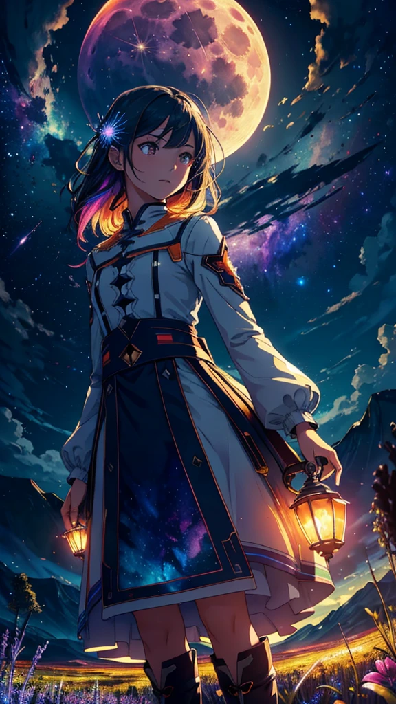 Vast landscape photography , (A view from below, with the sky above and the wide fields below), A girl standing in a flower field looking up, (full moon:1.2), ( shooting star:0.9), (nebula:1.3), Distant Mountain, Treebreak Production Art, (Warm light source:1.2), (fire Fly:1.2), lamp, Lots of purple and orange, Intricate details, Volumetric Lighting Break (masterpiece:1.2), (Highest quality), 4K, Super detailed, (Dynamic configuration:1.4), Very detailed, Colorful details,( Rainbow colors:1.2), (Shining Lights, Atmospheric lighting), dream-like, Magic, (alone:1.2)