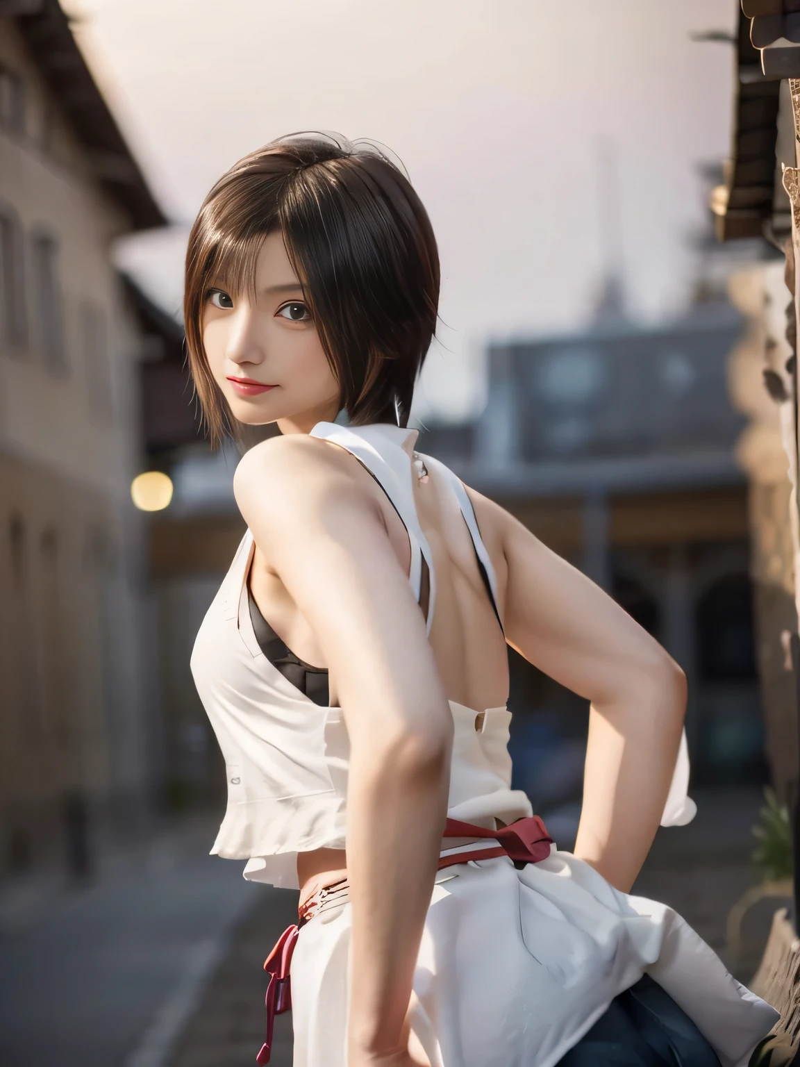 20 year old Japanese beauty,One woman、Muscular body like a bodybuilder、Emphasize the breasts、Slit eyes、A head-to-toe view,Bust is very very large、The background is a medieval European kitchen、High quality photos、Clear, crisp images of the lower body、Masterpiece 8k、Smiling、Biting into an apple、From the front, from the side, from the back, etc.々from what camera angle to shoot、FF10 Yuna's outfit、