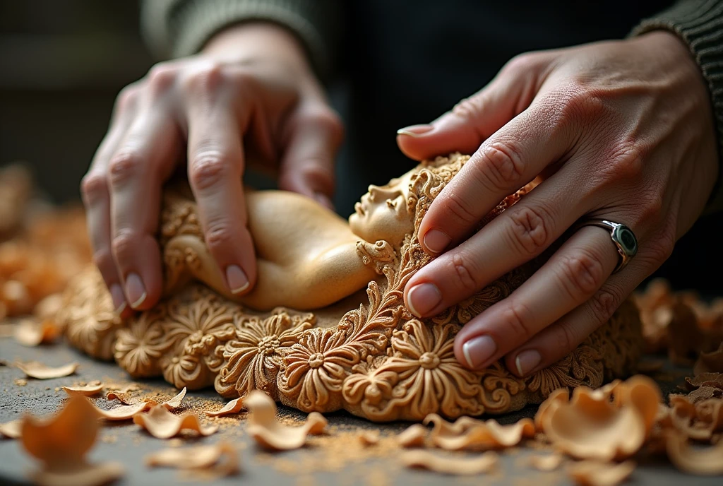 Close-up of the oldest hands, taillant une grande sculpture en bois de chaîne d'une femme allongée couverte d'une robe en dentelle aux détails fractals, copeaux de bois, sculpture,  grande précision du geste, travail sublime et délicat, oeuvre d'art, masterpiece,  très haute qualité, SFW