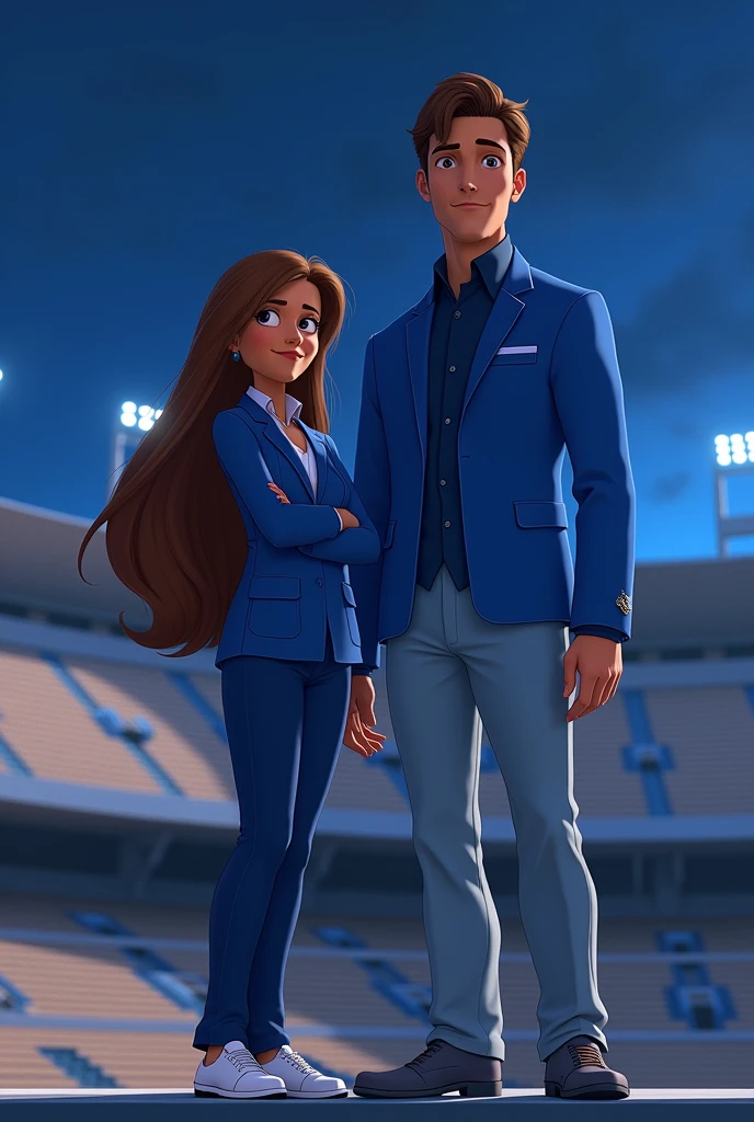 Disney Pixar image of a woman with a blue jacket, dark blue pants, white shoes, long brown hair, and a tall man with a blue jacket, light blue pants, and gray shoes standing on some stairs. In the background, the stadium is almost empty with a dark blue sky, and they are looking straight ahead. 