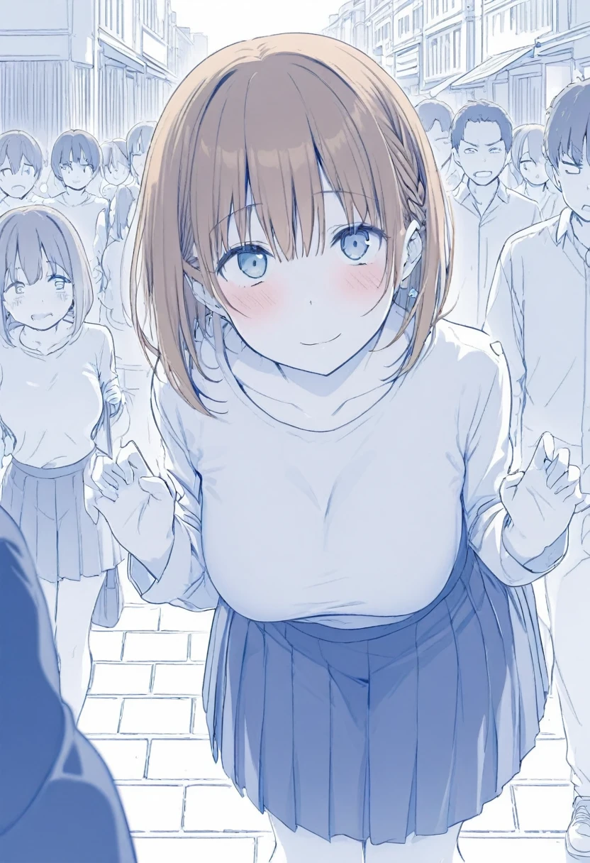 monochrome,blue theme,breasts, Long shot,ground shot, ground shot,glowing skin, high quality, masterpiece,17 old cute girl, ai-chan(tawawa), brown hair, blue eyes, short hair, bob cut, large breasts, side braid,medium hair, not wearing underwear,unique, (very beautiful face,wink,blushing face),young,break,(sexy pose:1.3),top-down bottom-up, lift up the skirt,break,shopping street in the daytime,(surrounded by a crowd, (surprised and noticed by many people))