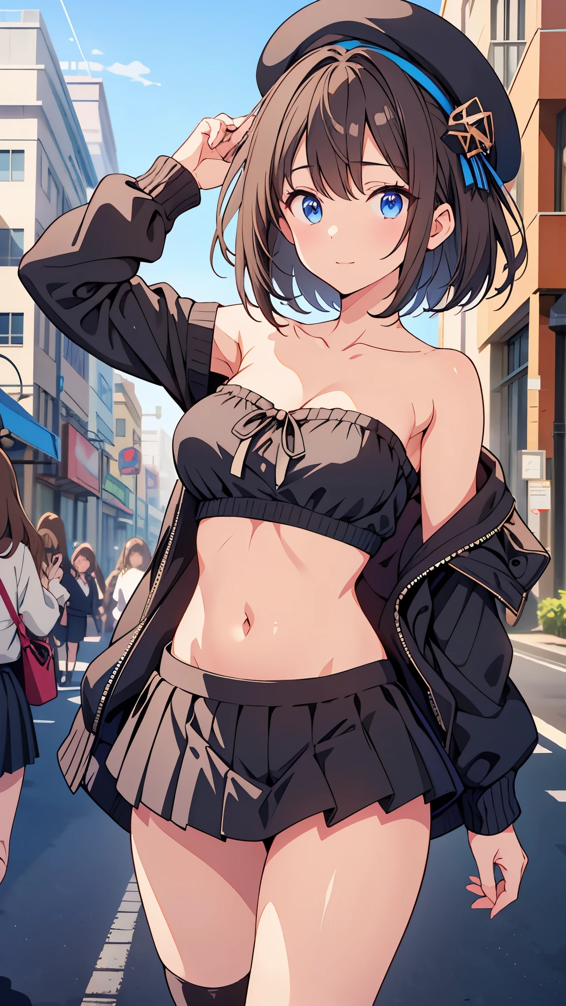 An anime girl wearing black clothes and a hat, posing on a city street, very delicate.,
beautiful girl,
break,
8k,
Highest quality,
masterpiece,
Super adopted,
Ultra-detailed,
Ultra-fine illustrations,
break,
Active Pause,
Outdoor,
Shiny,
bright,
Rim Light,
break,
One person,
alone,
Junior,
Perfect female body,
low length,
Brown Hair,
short hair,
Big Hair,
Fluffy hair,
Air Van,
Long bangs between the eyes,
Round face,
blue eyes,
(smile:0.8),
Large Breasts,
Exposing shoulders,
Bare thighs,
Belly button,
break,
Black innerwear,
Indigo outerwear,
beret,
strapless cropped tube top,
Open off-shoulder cardigan,
pleated micro mini skirt,
Thigh-high socks,