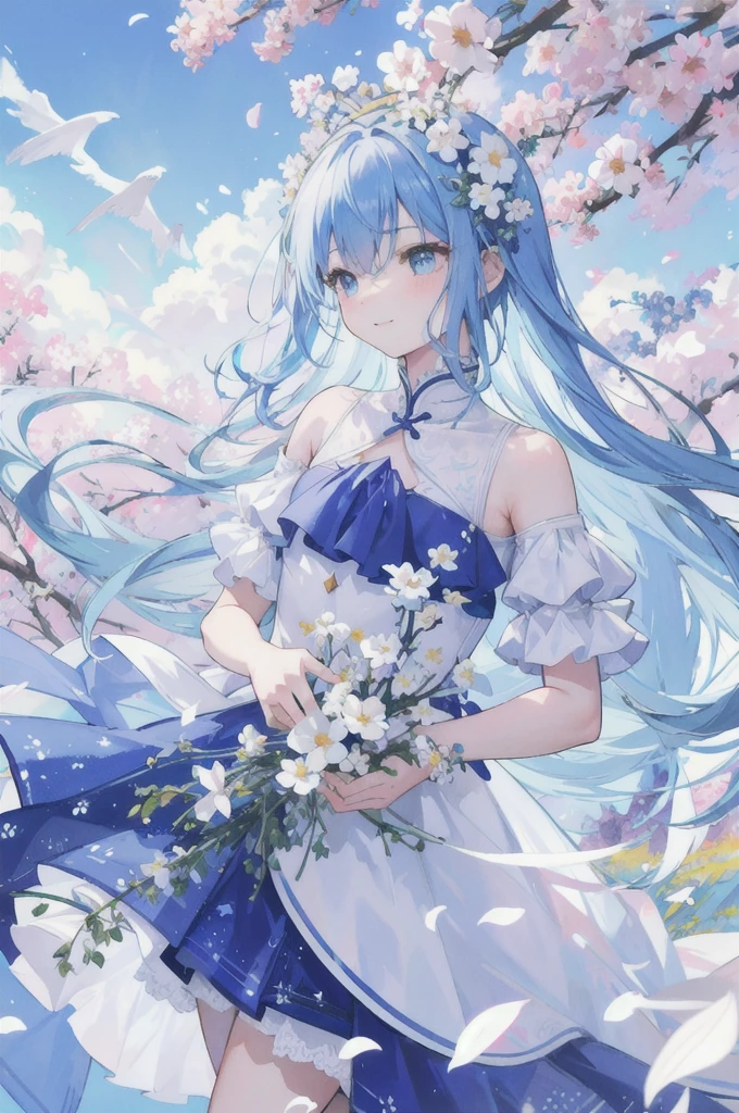 (High resolution、Very detailed、Hmph、movie)、alone、1 girl、happiness、Girl Standing In Cosmos Flower Garden、around the petals、Cute Smile、Ezvian everywhere、Girl with long blue hair、Light blueの髪、look forward to、Fantasy、Official Art、Pop Art、profile、Very detailed顔、Very detailed目、Cosmos Flower Garden、Ultra Detailed Fields、White blue sky、 Light blue、Blanche、Sky nebula、Autumn leaves landscape、watercolor、pastel colour