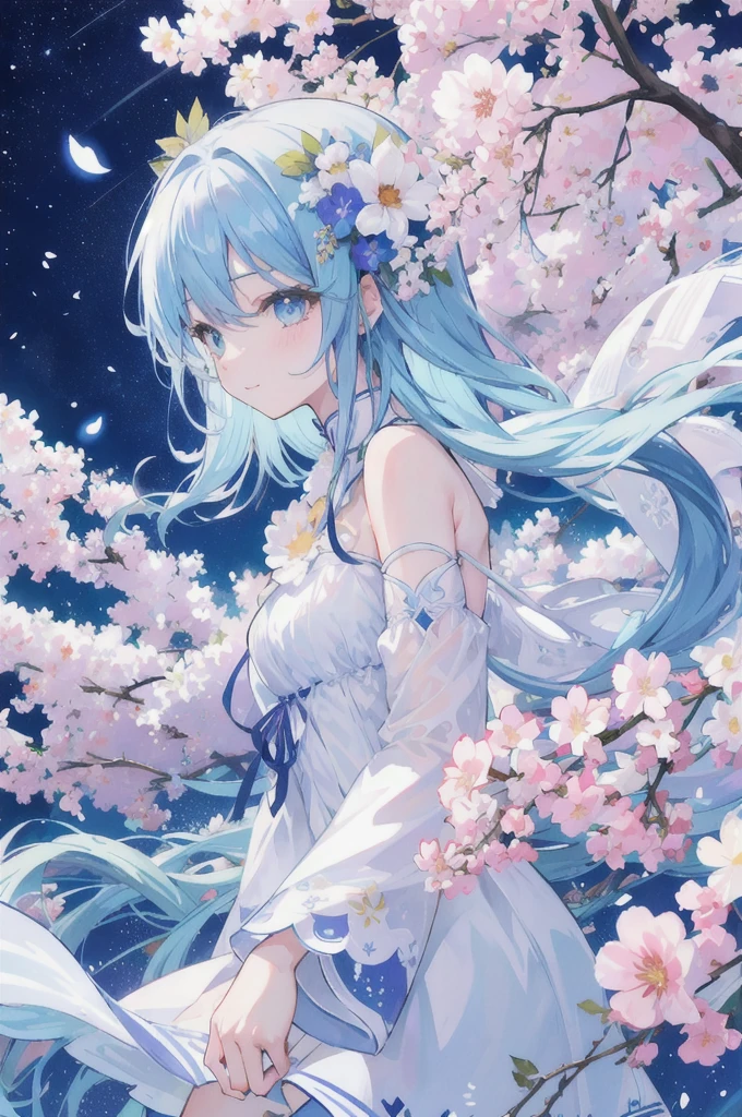 (High resolution、Very detailed、Hmph、movie)、alone、1 girl、happiness、Girl Standing In Cosmos Flower Garden、around the petals、Cute Smile、Ezvian everywhere、Girl with long blue hair、Light blueの髪、look forward to、Fantasy、Official Art、Pop Art、profile、Very detailed顔、Very detailed目、Cosmos Flower Garden、Ultra Detailed Fields、White blue sky、 Light blue、Blanche、Sky nebula、Autumn leaves landscape、watercolor、pastel colour