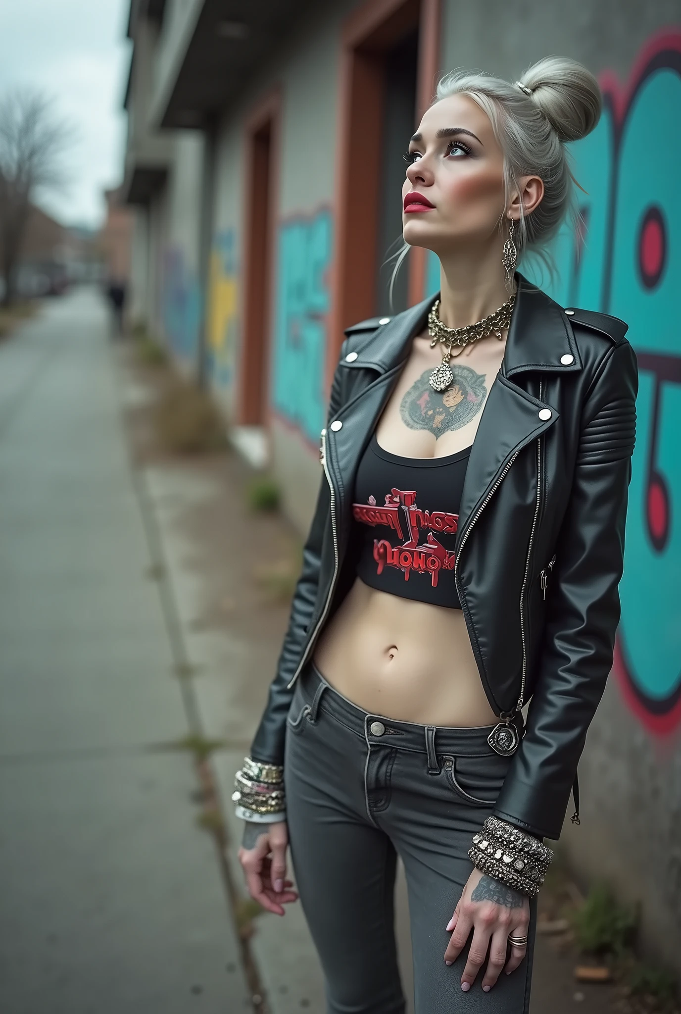 russian old milf woman, biker gang member, long grey hair (top bun) with very light blue eyes, extremely pale, heavy eye shadows. Thin. Sad, humbled face, smeared excessive make up and smeared excessive dark red lipstick Wearing cropped black moto jacket, black cropped tank top with rock band logo, skinny black jeans and white tennis sneakers. Lots of metallic bracelets. Pentacle pendant Tacky wide belt with massive skull and bones buckle . Both arms hanging motionless. Demonic tattoos. Lots of rings. Wide loop earrings. Looks up with amazement because she thinks God is talking to her, mouth and eyes open.