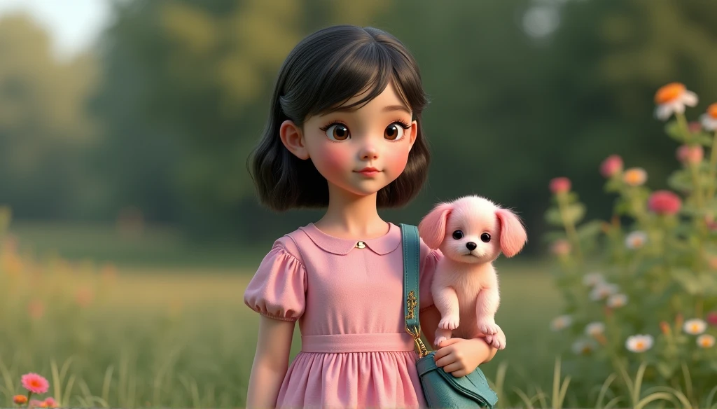 An adorable anime-style digital cartoon illustration of an incredibly charming black girl approximately 8 years ling on a trail in the spring with her trusty golden retriever puppy. She has long curly black hair tied up in two tall squirrels that sway happily. His eyes are large and expressive in a shade of hazelnut brown. Her skin is a polished bronze tone with no imperfections. She wears a light pink short-sleeved dress with a round skirt up to the knees. On your feet, She wears white sneakers with high socks striped in pink and white. On her back is a purple school bag with heart-shaped details.
Ao lado dela, seu cachorrinho golden retriever de pelagem dourada abana o rabo animadamente enquanto caminha. Ele usa uma coleira azul com um pingente de ossinho.
Ao fundo, the clear blue sky has few fluffy clouds. The trail floor is covered with lush green grass dotted with yellow flowers. Beautiful trees with leaves in shades of green and large brown trunks frame the scene. Everything is portrayed with impressive level of detail and texture in 4k quality. The fine features on the girl's face and her sweet smile convey all her joy and charm in this lovely spring scene.