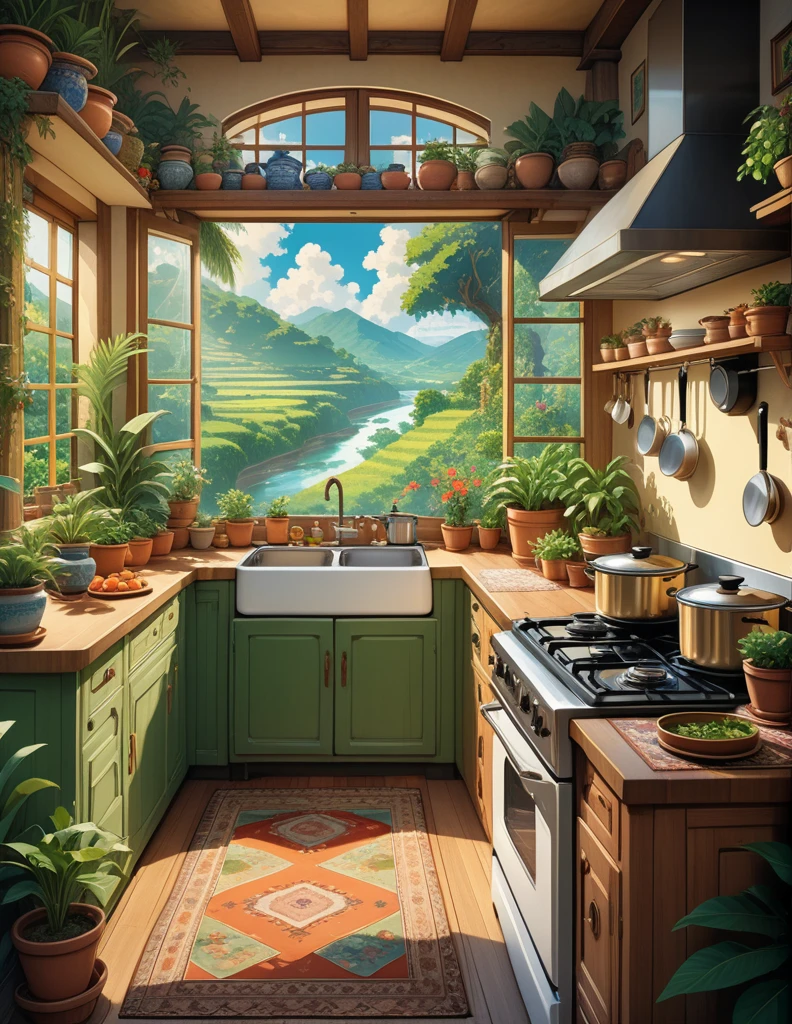 wide view, illustration, anime art, ghibli art scene, kitchen, view of lush green valley, river flowing, Cooker on gas stove, utensils, light falling in, boho carpet, microwave, tropical plant pots, aesthetically beautiful, indoors, cozy atmosphere, micro landscape, intrinsic details, masterpiece