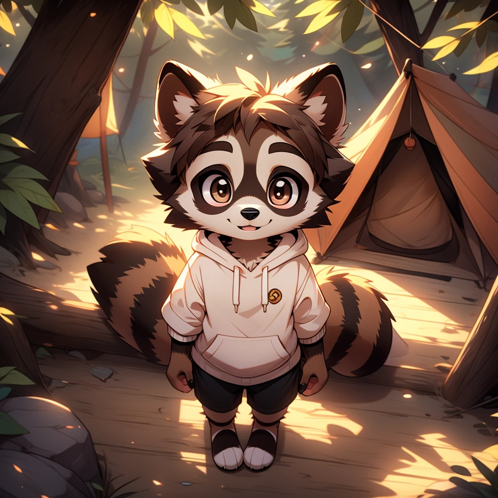 A common raccoon, furry, , common raccoon , anthro shota, furry , with brown eyes, brown eyes, furry common raccoon, cute hoodie, nonbinary, androgynous, no pants, no boobs, anthro, non humanoid, animalistic, cartoony, animal features, camp camp