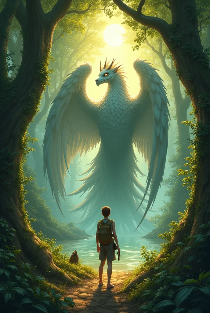 "In a lush and enchanted forest called the Whispering Woods, a courageous young traveler seeks the wisdom of the powerful guardian spirit, a majestic being with shimmering wings and eyes that sparkle like precious gems, believed to hold the key to unlocking the secrets of the natural world. Digital painting, ethereal, mystical, ancient spirits, fantasy, intricate, highly detailed, atmosphere, beautiful, vibrant, scenic, centered, warm lighting, cinematic, epic, vivid, whispering, eerie, magical creatures, guardian spirit, forest, traveler, curiosity, secrets, wisdom, virtue"