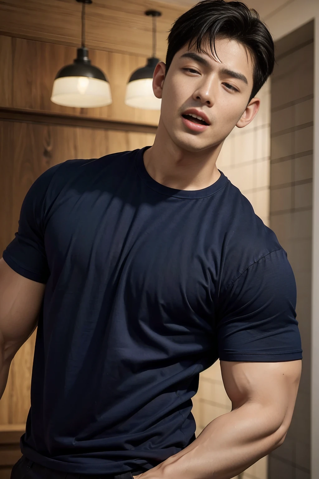 (Create a masterpiece: 1.2),(CGI art:1.3),(realistic:1.5),(After processing:1.3), (Sharp focus:1.3), 1 man, open mouth, smile, (Navy blue round neck t-shirt:1.3), Navy cargo pants, Korean guy , korean men, (High gloss details), chest muscles, large arm muscles, blood vessel, Big muscles, Broad shoulders, looking at the audience, Balancing the eyes, bedroom, Close your eyes.,(open mouth:1.1)