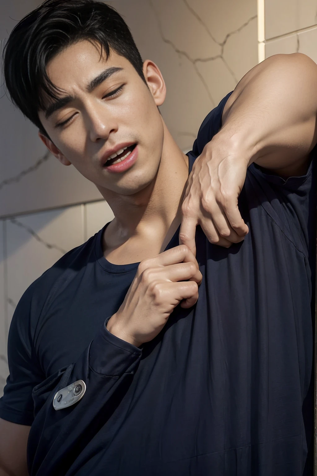 (Create a masterpiece: 1.2),(CGI art:1.3),(realistic:1.5),(After processing:1.3), (Sharp focus:1.3), 1 man, open mouth, smile, (Navy blue round neck t-shirt:1.3), Navy cargo pants, Korean guy , korean men, (High gloss details), chest muscles, large arm muscles, blood vessel, Big muscles, Broad shoulders, looking at the audience, Balancing the eyes, bedroom, Close your eyes.,(open mouth:1.1)