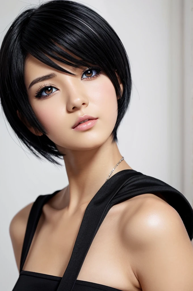 Anime art , Short black hair with white highlights, female , Left eye is black , Right eye is white , Wearing a black outfit