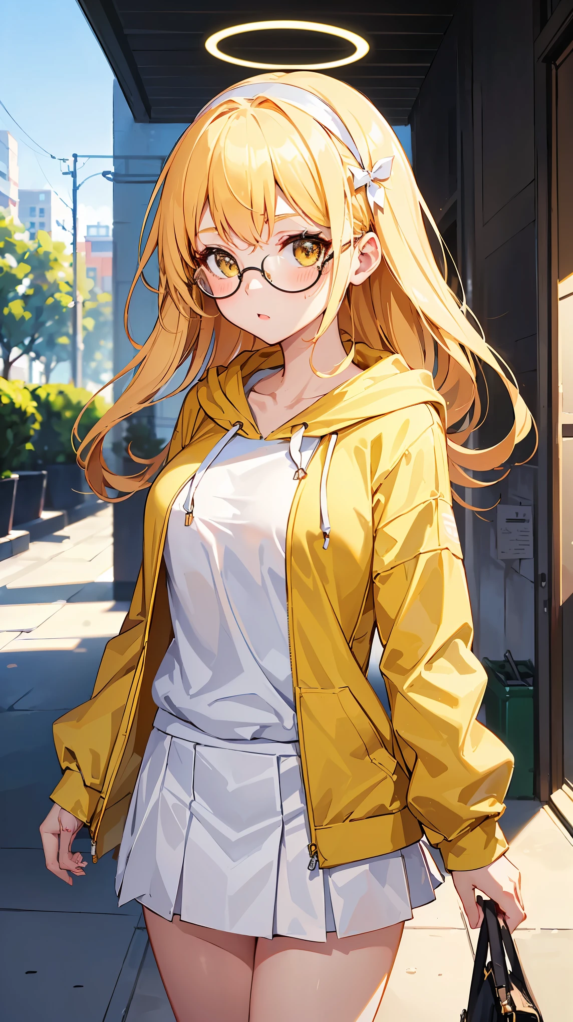 1girl, (afraid:1.1, blush:1.1, long hair, white headband:1.1), yellow hair, white eyes:1.2, angel halo:1.4, medium breast, cute, wallpaper, landscape, depth of field, morning, park, light particles, light rays, sidelighting, (yellow hoodie:1.2, open hoodie:1.1, short white skirt:1.2, white glasses:1.3)
