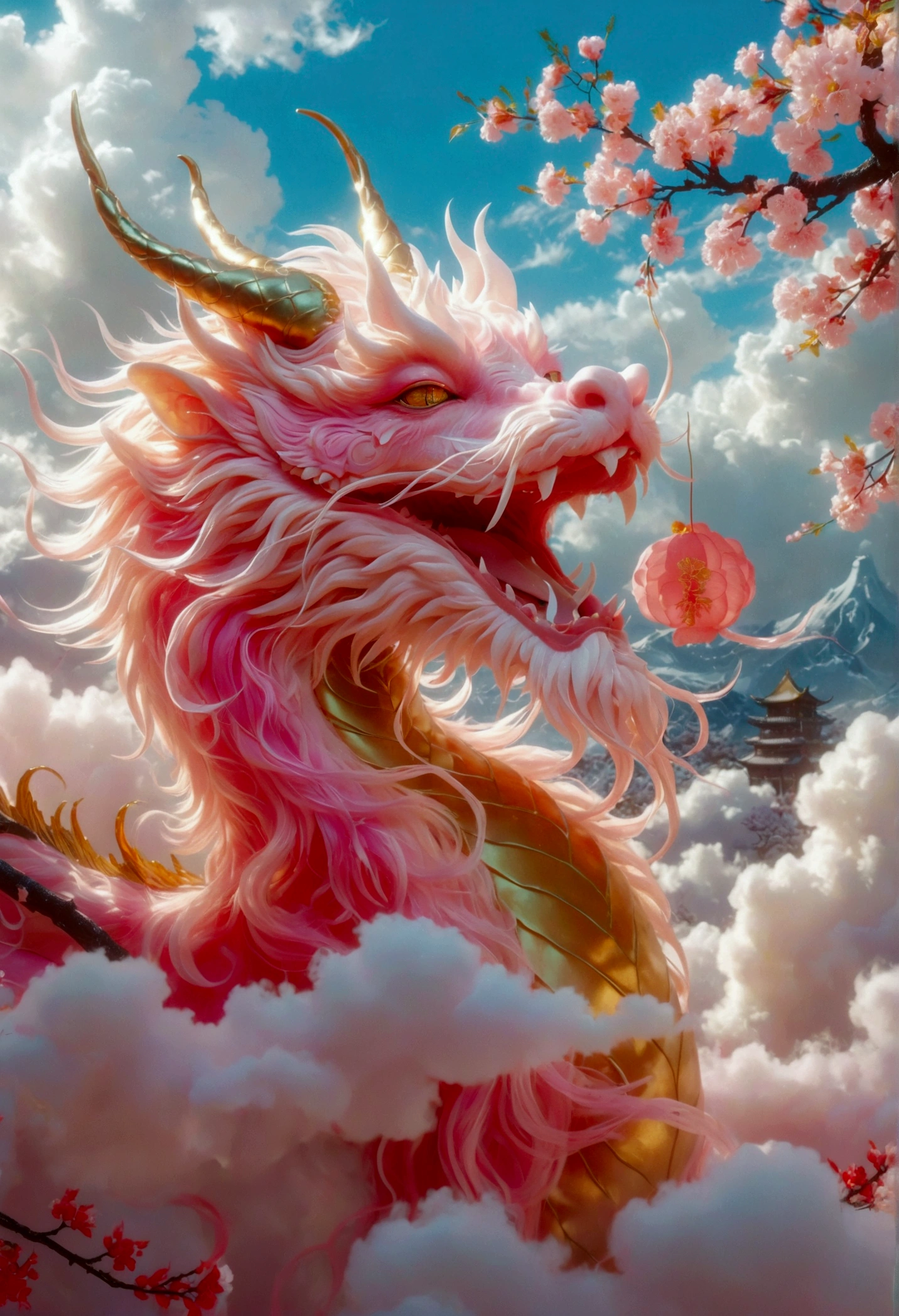 [Vision:1.0]，[Wide Angle:1.0]，Dragon sleeping on clouds, translucent glass brush, Sakura and gold style, anime aesthetics, furry art, pink, elaborate, 3d, C4D rendering, 8k, super high detail, Bright colors，Bright，Ultra high saturation，rgb, Colorful)，(High contrast:1.5)，(whole body:1.8), magazine photography，Popular on social platforms，((Dopamineism))，(((Dopamine color matching)))，Dopamine，(in the style of Y2K)，Luo Erchun，Three-dimensional ancient style，Oriental poetry and painting