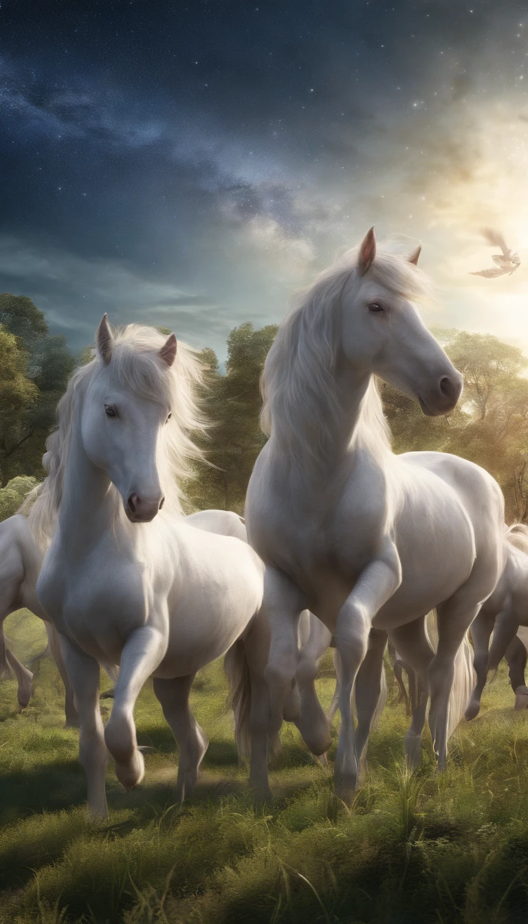 (Highly detailed CG Unity 8k wallpaper,masterpiece),(Best lighting, Best Shadow, Very delicate and beautiful), Sleek design　Fantasy　dream-like　beauty　A herd of unicorns　grassland　Looking up at the stars　No people　