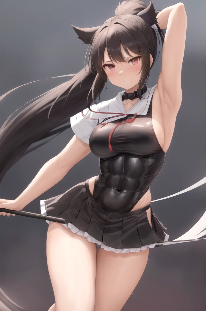 Homura(Senran Kagura), Homura has tanned skin and her dark brown hair is tied in a long ponytail with a white ribbon, the ends of the ribbon standing straight up. She wears a short black dress that looks similar to her old Hebijo uniform, and covers it with a small, light grey jacket, with samurai leg armor on each side. Around her neck is a long black cape with white trim. At the surface of her appearance, Homura has a rather cool demeanor to her upon interaction. Homura has tanned skin and her dark brown hair is tied in a long ponytail with a white ribbon, the ends of the ribbon standing straight up. She dons the usual Hebijo uniform, which is an all black sailor fuku with red trim. Like Asuka, she wears wrist guards on her forearms with bandages underneath. She wears white loose socks with brown dress shoes. Body and Physique: Homura has a well-defined, athletic build that reflects her ninja training. Her body is lean and toned, with prominent muscle definition in her arms and legs, indicating her strength and agility. Her waist is narrow, leading to a more pronounced hourglass figure, which is accentuated by the design of her outfit. Her posture is often upright and confident, embodying the discipline and skill of a seasoned warrior. Despite her sleek and agile appearance, she maintains a strong and resilient physique, essential for her role in battle. #NSFW, #HENTAI, #PORN, #Ass display, #Bending over exhibition, #Panty exposure, #Underwear tease, Cheeky peeks, Lewd invitation. These tags focus on situations where females bend over to reveal their asses, often paired with underwear exposure.