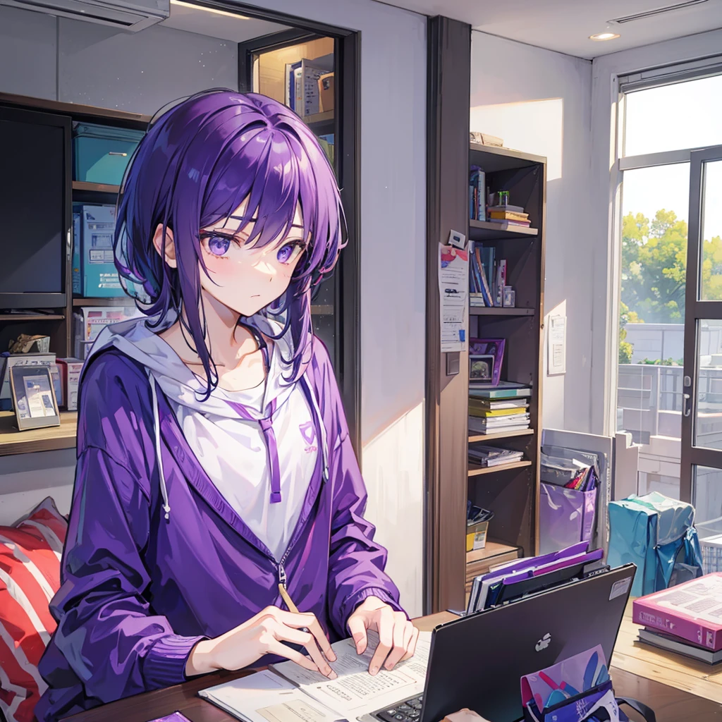 A male high school student wearing purple clothes desperately doing his summer vacation homework at home。With a worried look on his face。