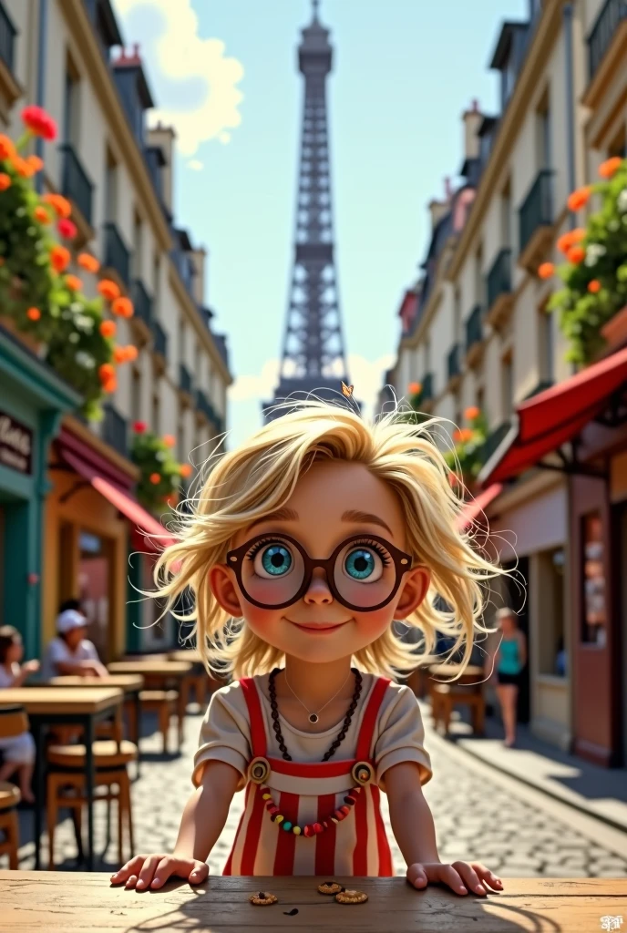 9-year-old blonde girl with glasses from Paris, medium mischievous hair