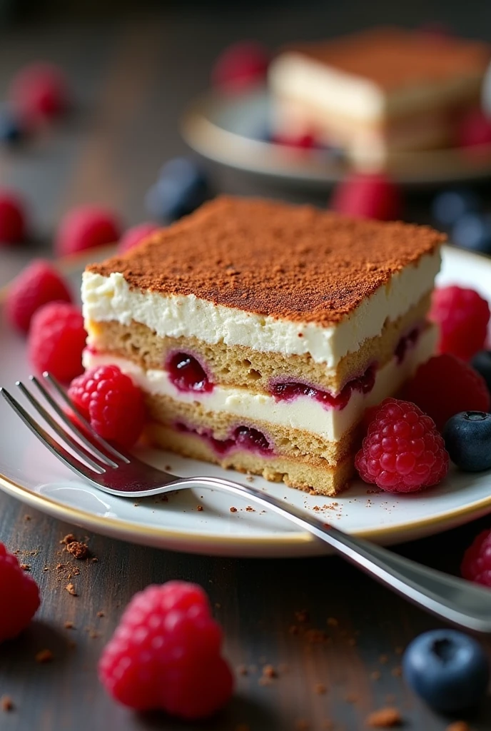 A picture frame with 4:3 plates of tiramisu in the middle ( slightly to the left) a fork, surrounded by berries, light shining on the plate