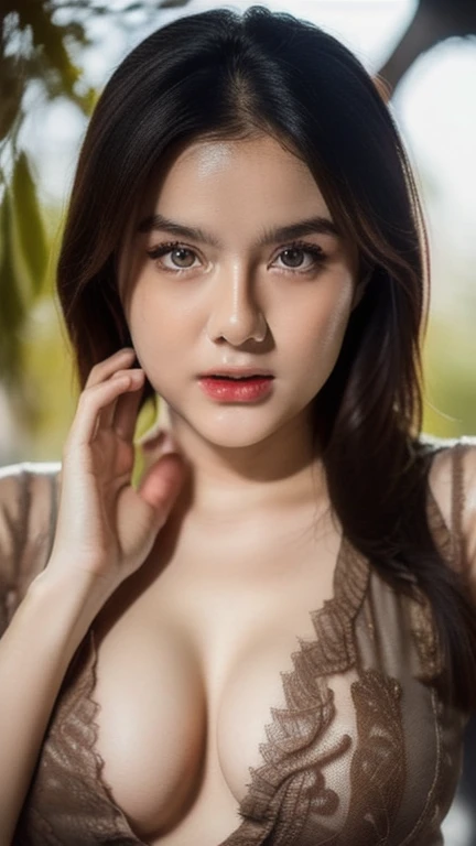 1 Indonesian-Dutch girl, 18 years old, long fashion hair, fit body, ample cleavage, skintight black lace kebaya, batik skirt, highly detailed, ultra hd, 8k, detailed face, bright eyes, perfect eyes, detailed lips, sexy lips, perfect hands, dynamic angle, cowboy shot, (hyperrealistic), (illustration), (high resolution), (8K), (extremely detailed), (best illustration), (beautiful detailed eyes), (best quality), (ultra-detailed), (masterpiece), (photorealistic), (natural light), (detailed face), (high detailed realistic skin texture), (anatomically correct), (solo), (high detailed realistic hair), (caramel hair), (heterochromic eyes), (detailed eyes), (brown eyes), (realistic huge breasts:1.49), (slender abs), (very slim waist), (dynamic pose), (closed tiny mouth), (concentrated expression), (dimple), (a girl playing in the garden), (see-through clothes:1.5), (transparent clothes:1.51), (opened shoulders), (exposed nipple breasts:1.19), (perfect fingers), (double eyelids), (perfect hands), nsfw