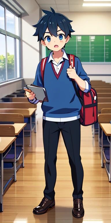 Full body, beautiful eyes , 1 boy , full body , cute boy , anime style , handsome eyes , (standing up) ,boy, (Student trainers often wear school uniforms or casual attire that reflects their age and learning environment. They may carry backpacks filled with study materials, including books and notebooks about Pokémon types, moves, and battle strategies.)
