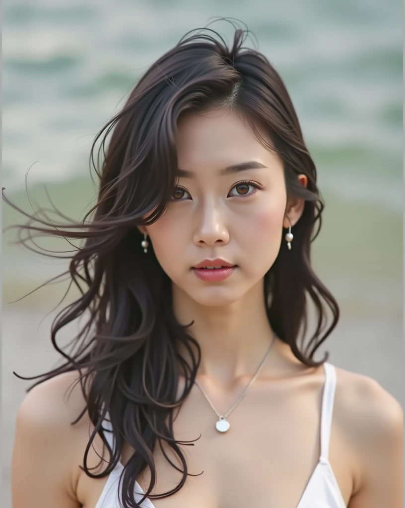(( masterpiece.Top-notch quality,4K wallpaper)) ,A Japanese woman in her 20s,Her facial features are extremely delicate and beautiful. In line with the golden ratio of human anatomy((The woman's face is illuminated with bright light,.clearly outlining her beautiful and delicate features.)) . beach at dusk, Woman wearing white bikini.Very plump breasts and the cleavage between the breasts are visible.The plump breasts highlight her slender waist.Her figure is as good as a supermodel,Natural sexy expression,(ultra wide angle lens,85 mm,F1.4,full frame camera),The woman has beautiful long black hair,The setting sun's golden rays rimmed her hair from behind.She sat gracefully and beautifully on the lovely beach..
