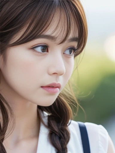 (long cut hair, bangs, profile, Vision:1.2),(Wearing a blouse:1.2),1 girl,Japanese,21 years old,(Small breasts:1.3),(highest quality,masterpiece:1.3,超A high resolution,),(Ultra-detailed,Caustics),(Photorealistic:1.4,RAW shooting,)Ultra-Realistic Capture,Very detailed,High resolution 16K human skin close-up。 Natural skin texture、,Pores、、It needs to be detailed enough to be easily identifiable。 Skin should be even-toned and healthy looking。 Use natural light and colour, Sad expression, Looking at the camera, Perfect dynamic composition, Outdoor