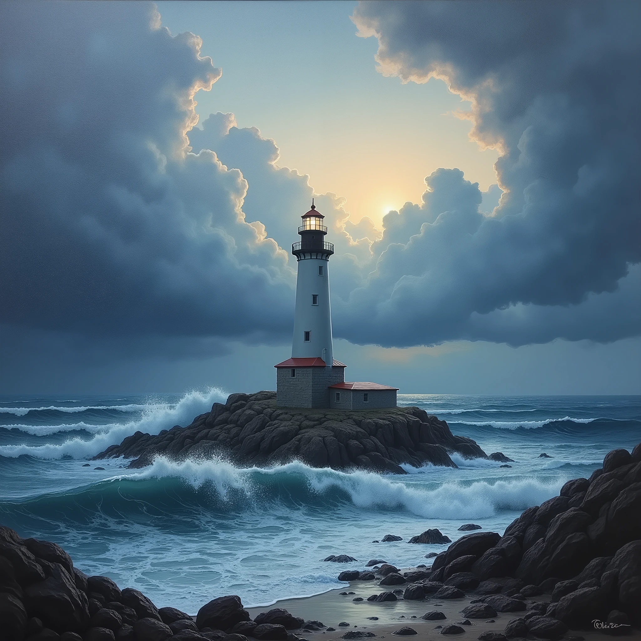 
(best quality, 8K, high resolution, masterpiece), ultra detailed, oil painting of a solitary lighthouse standing against a backdrop of a turbulent sea, with dark clouds gathering overhead and waves crashing against the rocks.