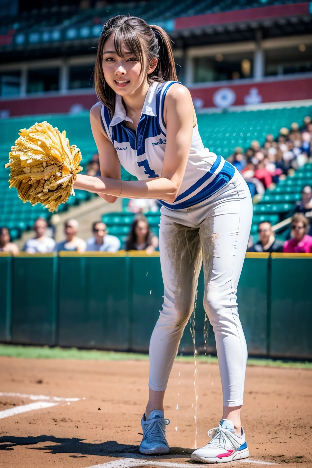 (nsfw:-2),(realistic, photo-realistic:1.4), (masterpiece,best quality:1.2), RAW photo, high resolution, intricate details extremely detailed, realistic and sharp details, solo, 1girl, a 19 years old woman, (cheerleader girl), (sleeveless cheerleader uniform:1.4), shoes, dark hair, (detailed face, beautiful detailed eyes, sophisticated nose), pale skin, sweaty, shiny skin, (standing, leaning forward:1.5), (peeing self, pee stain, urinate a lot, urination:1.5), (pee puddle), desperate pose for peeing, desperate face for peeing,photo background, outdoors, baseball stadium,audience seats,,[Rio Shimizu,Hinatazaka46]