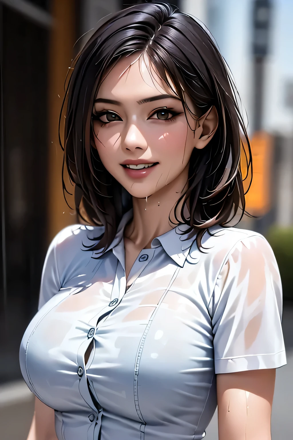 ((Highest quality, 8k, masterpiece: 1.3, Realistic)), sharp: 1.2, Perfect Body Beauty: 1.4, １woman, Beautiful middle age, Highly detailed face and skin texture, Detailed eyes, double eyelid, eyelash, (Beautiful Teeth), Grin, (Big Breasts), (Wet blue Button Long Shirt: 1.1),Tight mini skirt, (rain, street: 1.2), Wet: 1.5, Looking into the camera