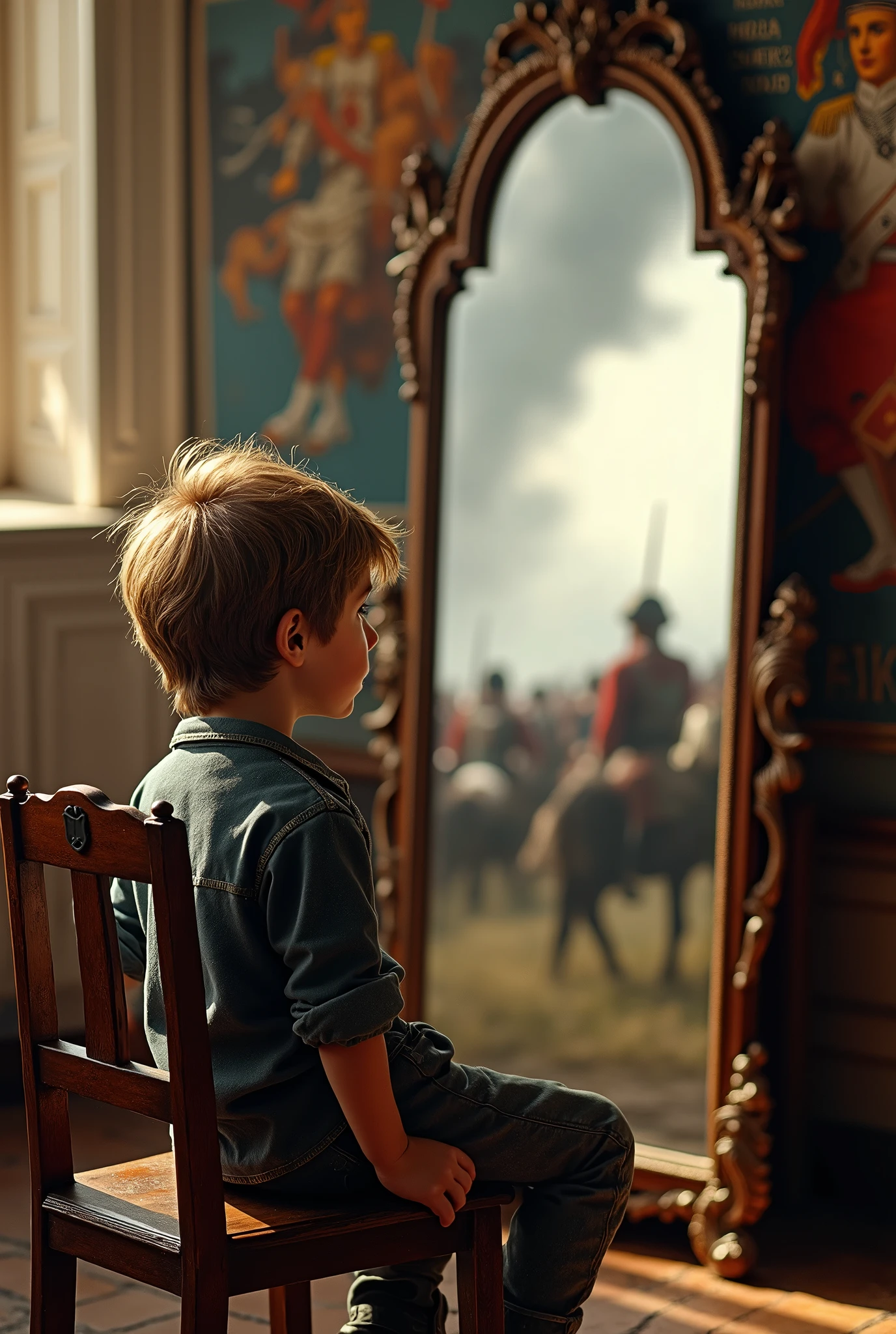 A boy sitting chair and see mirror and thing his army dream.